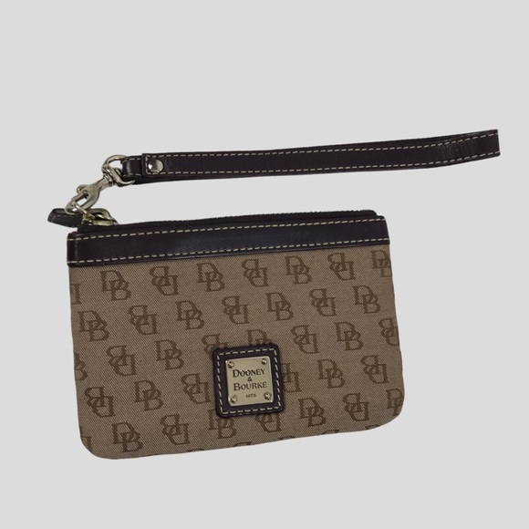 - Dooney & Bourke Brown/British Tan Wristlet Signature Jacquard Logo - Picture 1 of 6